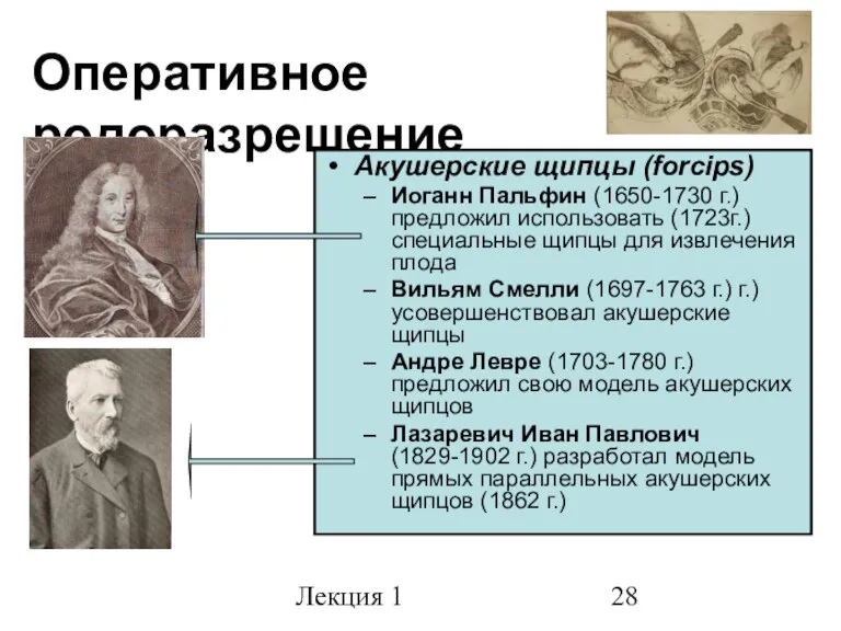 Лекция 1 Оперативное родоразрешение Акушерские щипцы (forcips) Иоганн Пальфин (1650-1730 г.) предложил