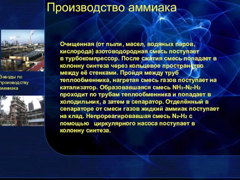 Производство аммиака Очищенная (от пыли, масел, водяных паров, кислорода) азотоводородная смесь поступает