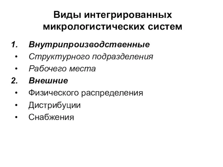 Виды интегрированных микрологистических систем Внутрипроизводственные Структурного подразделения Рабочего места Внешние Физического распределения Дистрибуции Снабжения