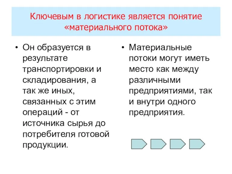 Ключевым в логистике является понятие «материального потока» Он образуется в результате транспортировки