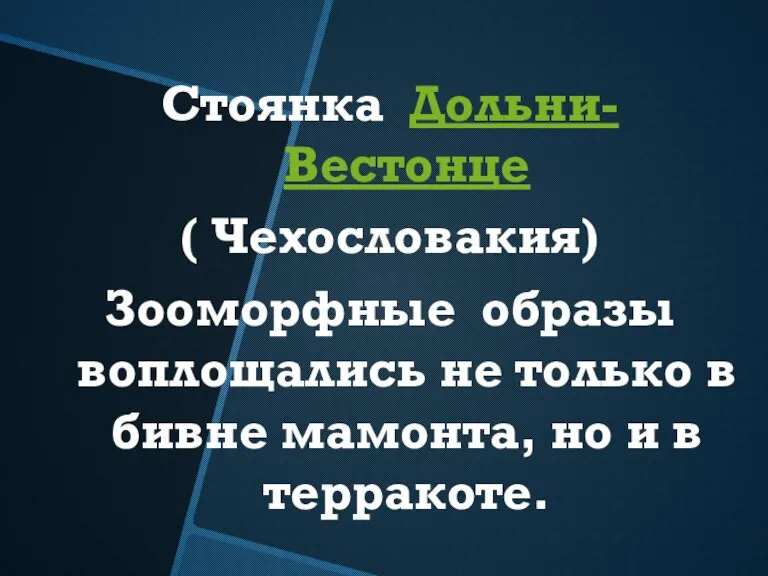 Стоянка Дольни-Вестонце ( Чехословакия) Зооморфные образы воплощались не только в бивне мамонта, но и в терракоте.