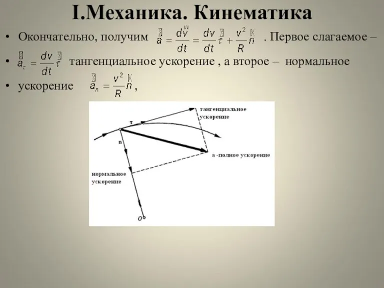 I.Механика. Кинематика Окончательно, получим . Первое слагаемое – тангенциальное ускорение , а