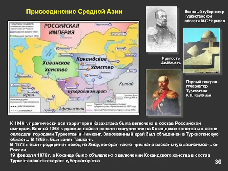 Присоединение Средней Азии Военный губернатор Туркестанской области М.Г. Черняев Первый генерал-губернатор Туркестана