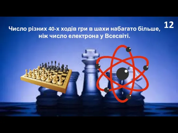 12 Число різних 40-х ходів гри в шахи набагато більше, ніж число електрона у Всесвіті.