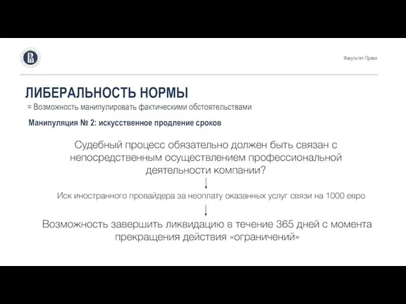 Факультет Права ЛИБЕРАЛЬНОСТЬ НОРМЫ = Возможность манипулировать фактическими обстоятельствами Манипуляция № 2: