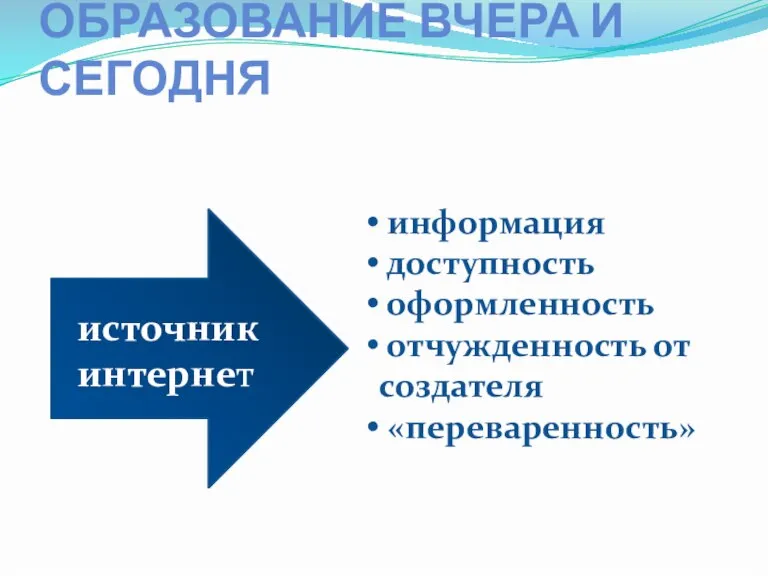 ОБРАЗОВАНИЕ ВЧЕРА И СЕГОДНЯ источник интернет информация доступность оформленность отчужденность от создателя «переваренность»