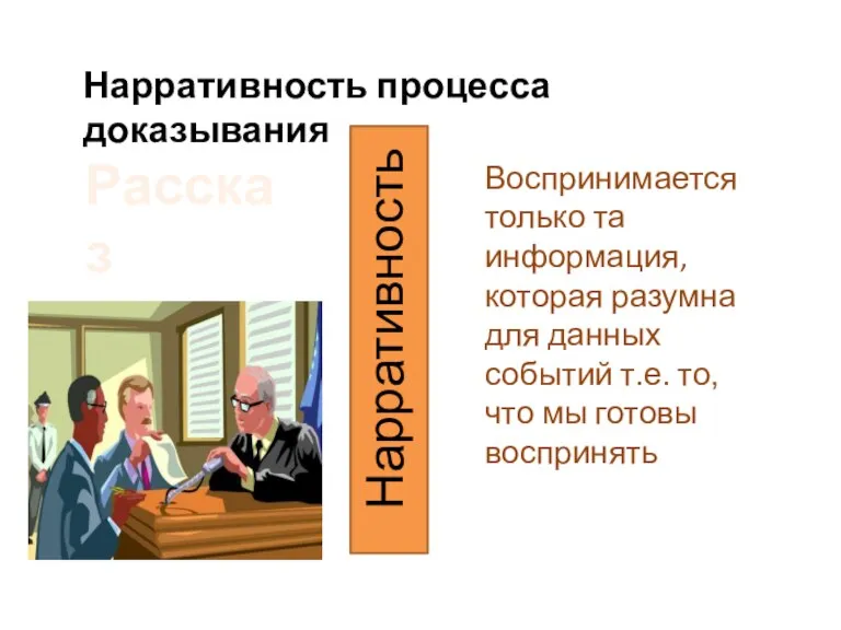 Нарративность процесса доказывания Рассказ стороны Воспринимается только та информация, которая разумна для