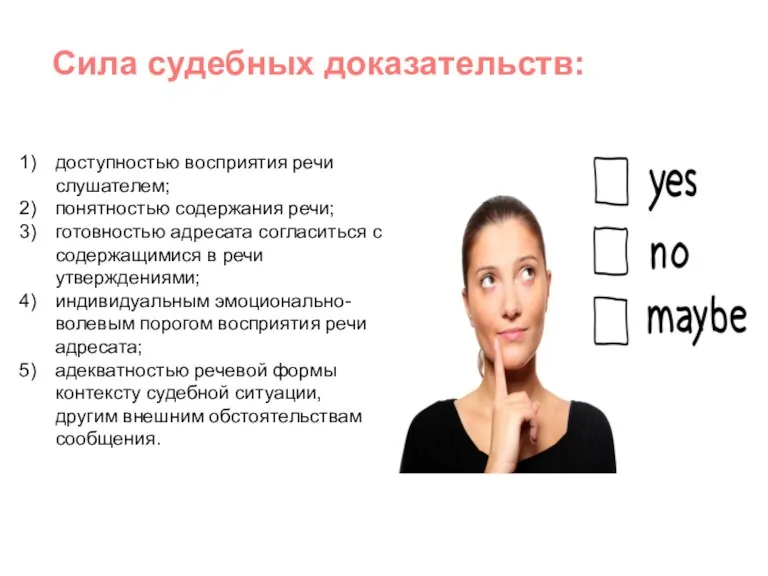 Сила судебных доказательств: доступностью восприятия речи слушателем; понятностью содержания речи; готовностью адресата