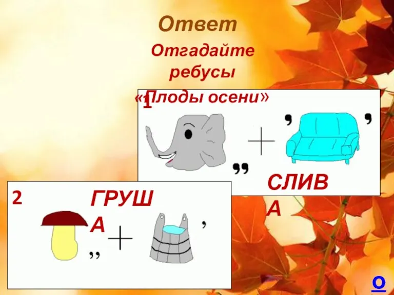 Ответ Отгадайте ребусы «Плоды осени» 1 2 СЛИВА ГРУША о