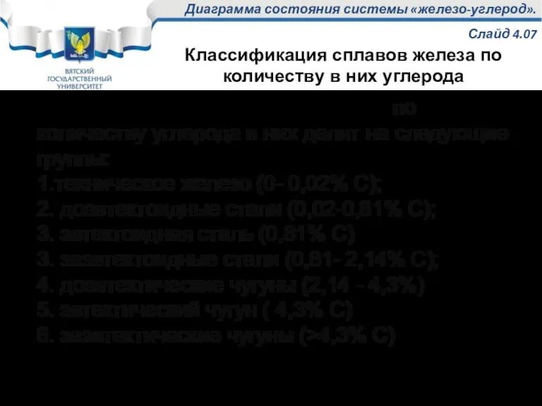 Диаграмма состояния системы «железо-углерод». Слайд 4.07 Сплавы системы «железо-углерод» по количеству углерода