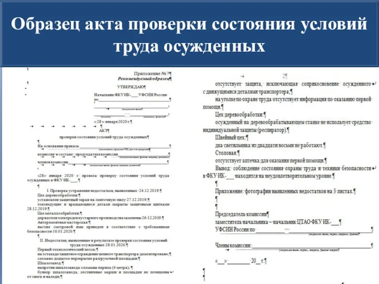 Образец акта проверки состояния условий труда осужденных