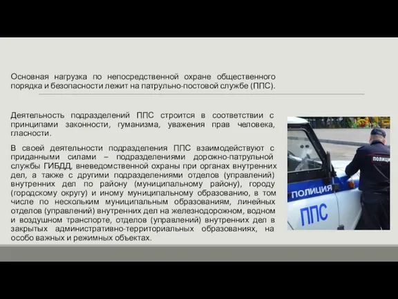 Основная нагрузка по непосредственной охране общественного порядка и безопасности лежит на патрульно-постовой