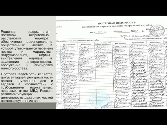 Решение оформляется постовой ведомостью расстановки нарядов обеспечения правопорядка в общественных местах, в