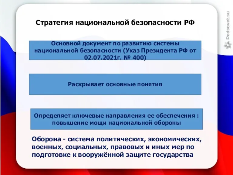 Стратегия национальной безопасности РФ Определяет ключевые направления ее обеспечения : повышение мощи