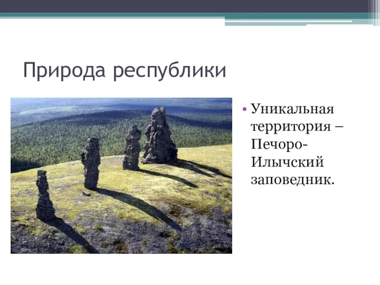 Природа республики Уникальная территория – Печоро-Илычский заповедник.