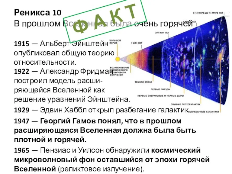 Реникса 10 В прошлом Вселенная была очень горячей 1915 — Альберт Эйнштейн