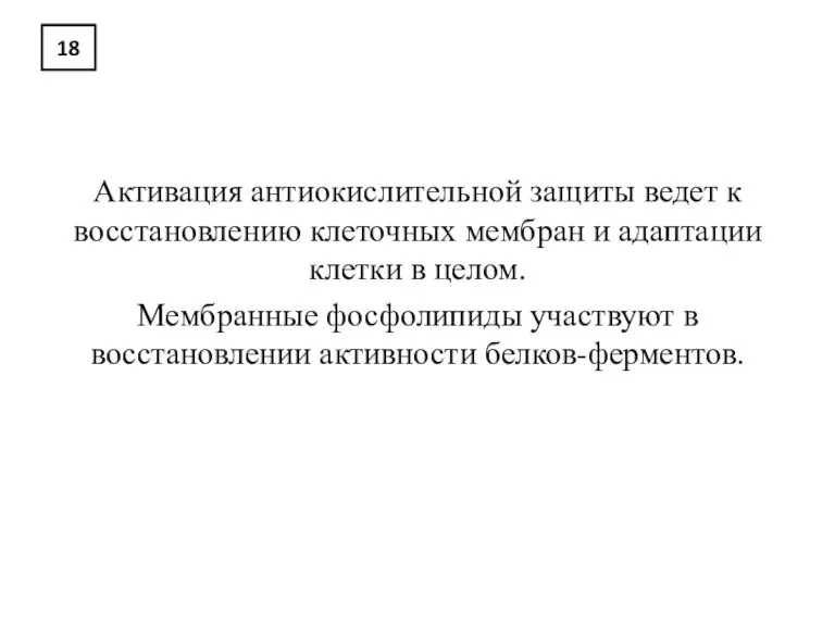 18 Активация антиокислительной защиты ведет к восстановлению клеточных мембран и адаптации клетки