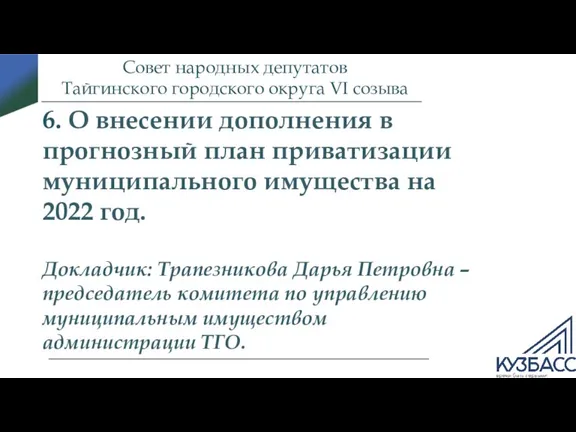 Совет народных депутатов Тайгинского городского округа VI созыва 6. О внесении дополнения