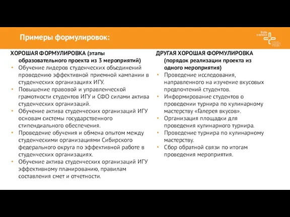 Примеры формулировок: ХОРОШАЯ ФОРМУЛИРОВКА (этапы образовательного проекта из 3 мероприятий) Обучение лидеров