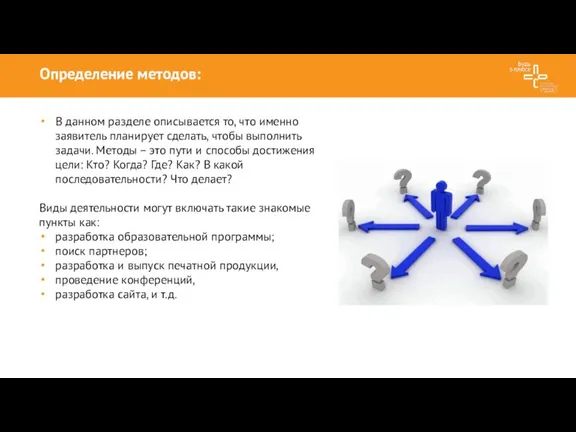 Определение методов: В данном разделе описывается то, что именно заявитель планирует сделать,