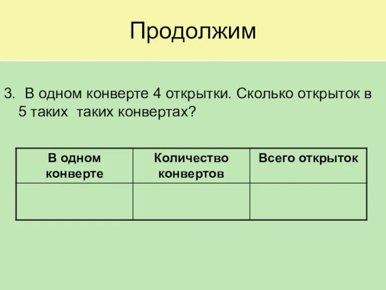 Продолжим 3. В одном конверте 4 открытки. Сколько открыток в 5 таких таких конвертах?