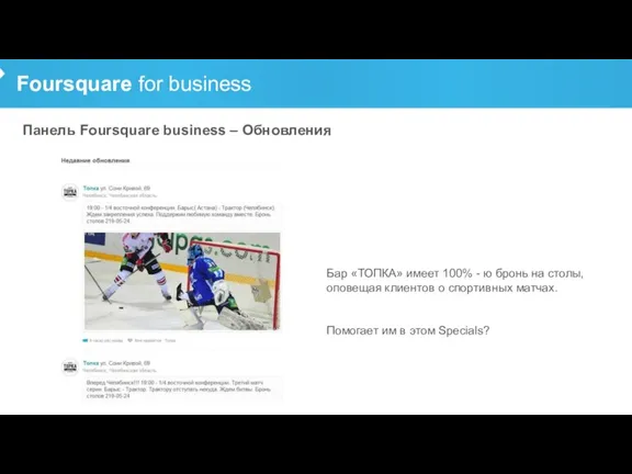 Foursquare for business Панель Foursquare business – Обновления Бар «ТОПКА» имеет 100%