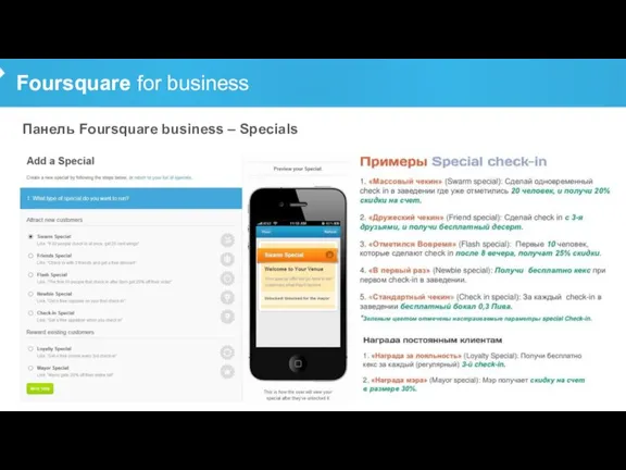 Foursquare for business Панель Foursquare business – Specials