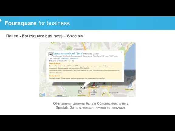 Foursquare for business Панель Foursquare business – Specials Объявления должны быть в