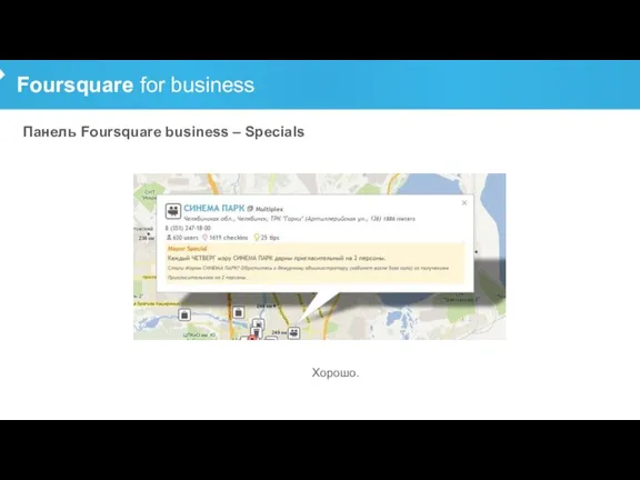 Foursquare for business Панель Foursquare business – Specials Хорошо.