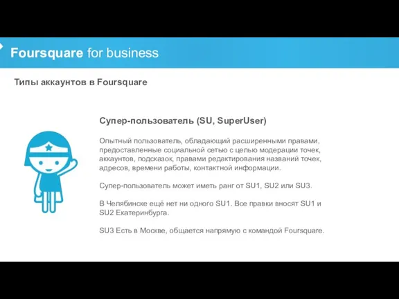 Foursquare for business Типы аккаунтов в Foursquare Опытный пользователь, обладающий расширенными правами,