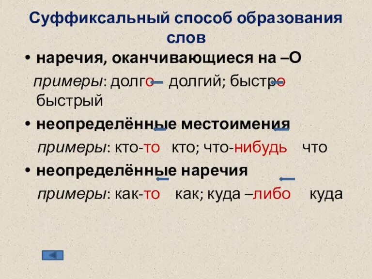 Суффиксальный способ образования слов наречия, оканчивающиеся на –О примеры: долго долгий; быстро