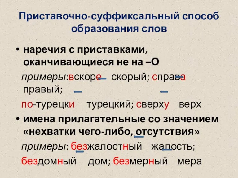 Приставочно-суффиксальный способ образования слов наречия с приставками, оканчивающиеся не на –О примеры:вскоре