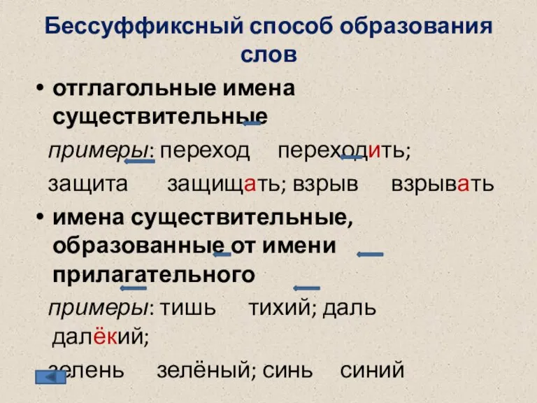 Бессуффиксный способ образования слов отглагольные имена существительные примеры: переход переходить; защита защищать;