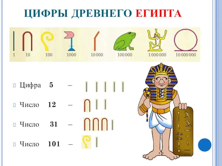 ЦИФРЫ ДРЕВНЕГО ЕГИПТА Цифра 5 – Число 12 – Число 31 – Число 101 –