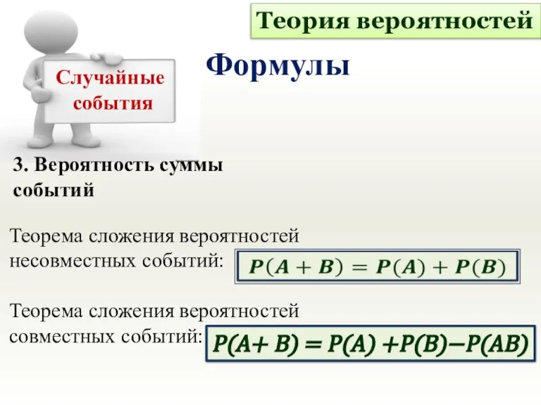 3. Вероятность суммы событий Теория вероятностей Формулы Случайные события Теорема сложения вероятностей