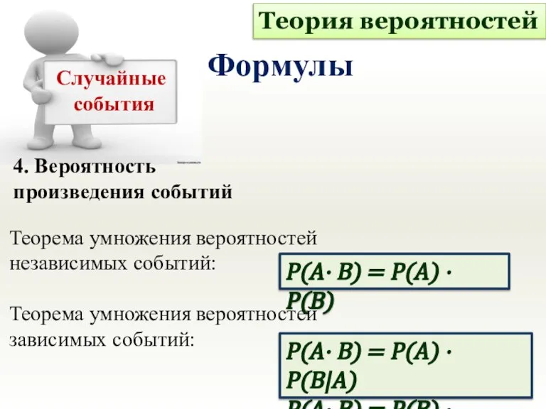 4. Вероятность произведения событий Теория вероятностей Формулы Случайные события Теорема умножения вероятностей