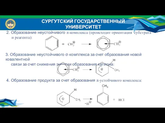 СУРГУТСКИЙ ГОСУДАРСТВЕННЫЙ УНИВЕРСИТЕТ 4. Образование продукта за счет образования π-устойчивого комплекса: 3.