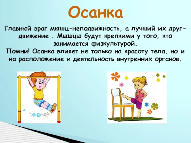 Осанка Главный враг мышц-неподвижность, а лучший их друг-движение . Мышцы будут крепкими