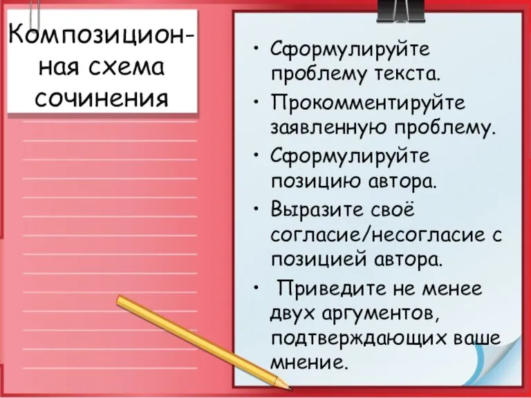 Композицион- ная схема сочинения Сформулируйте проблему текста. Прокомментируйте заявленную проблему. Сформулируйте позицию