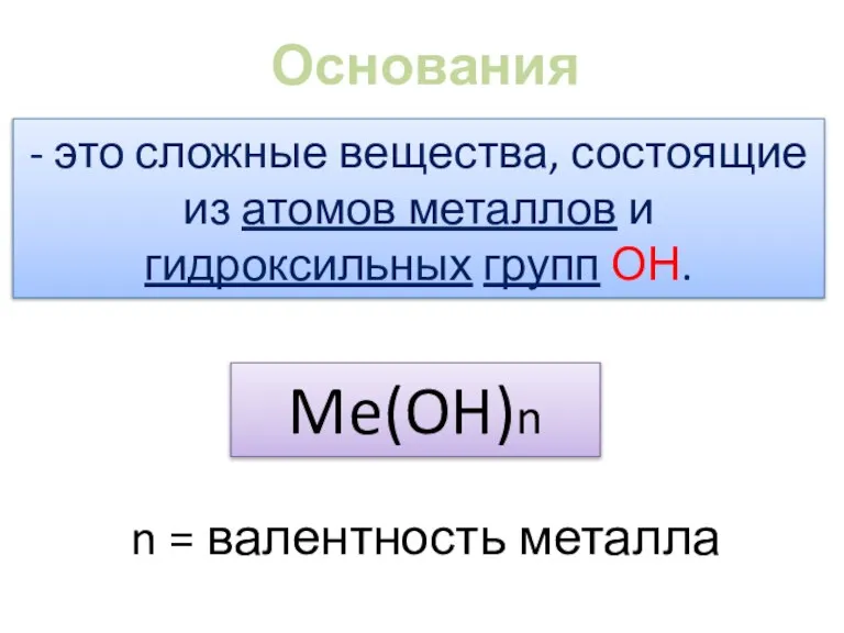 Основания - это сложные вещества, состоящие из атомов металлов и гидроксильных групп