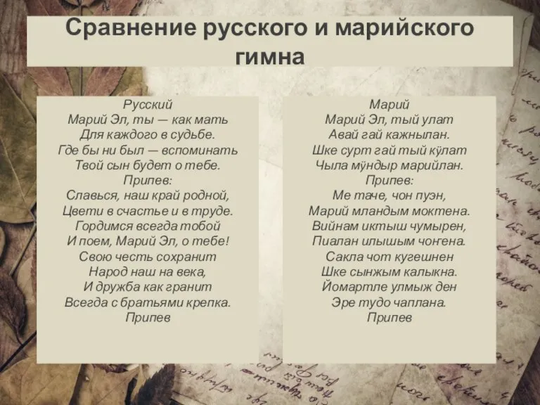 Сравнение русского и марийского гимна Русский Марий Эл, ты — как мать
