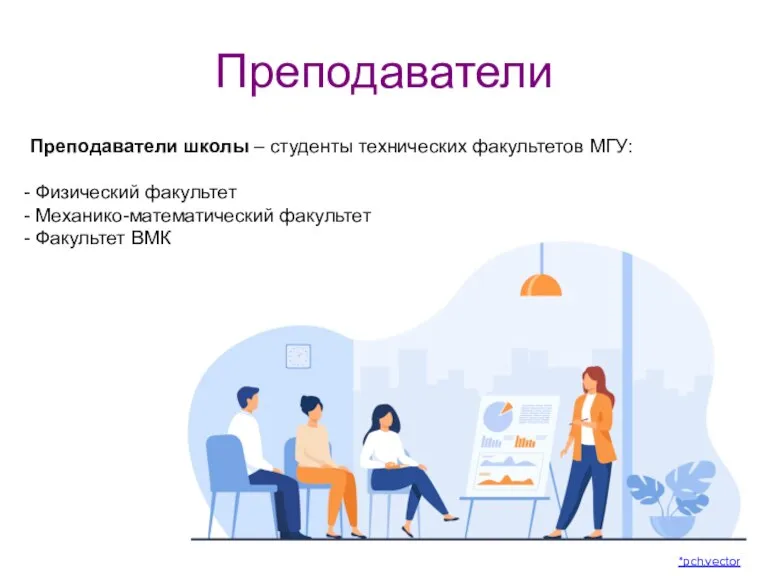 Преподаватели *pch.vector Преподаватели школы – студенты технических факультетов МГУ: Физический факультет Механико-математический факультет Факультет ВМК