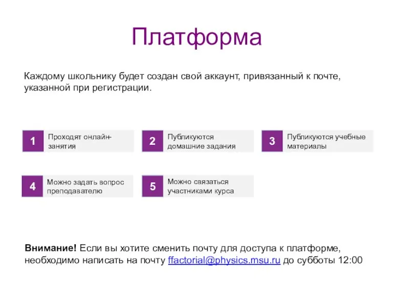 Платформа Внимание! Если вы хотите сменить почту для доступа к платформе, необходимо