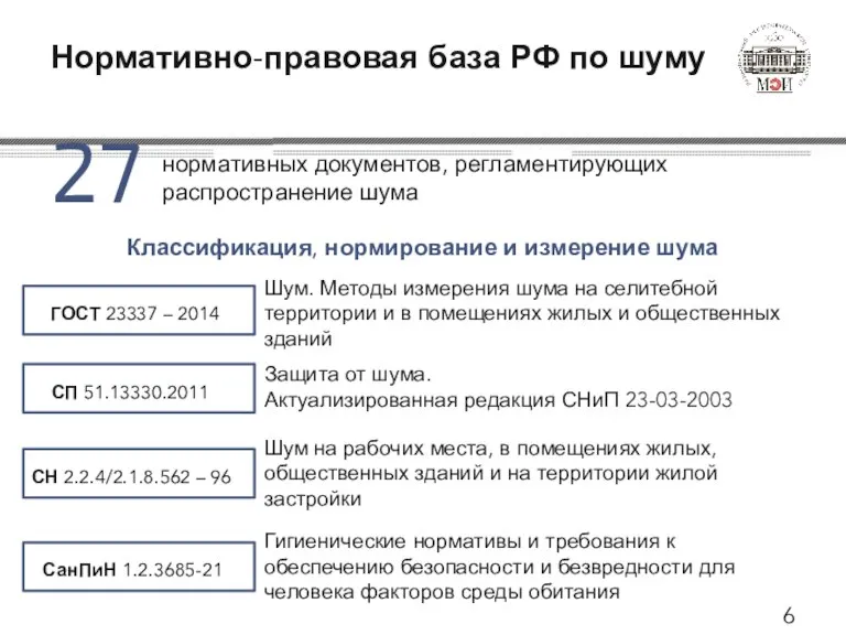 Нормативно-правовая база РФ по шуму Классификация, нормирование и измерение шума 27 нормативных