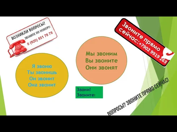 Я звоню Ты звонишь Он звонит Она звонит Мы звоним Вы звоните Они звонят Звони! Звоните!