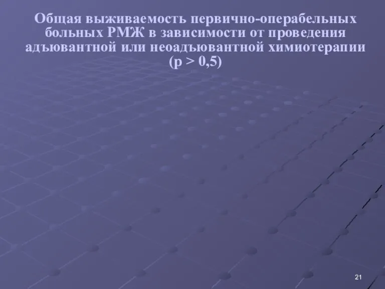 Общая выживаемость первично-операбельных больных РМЖ в зависимости от проведения адъювантной или неоадъювантной химиотерапии (p > 0,5)