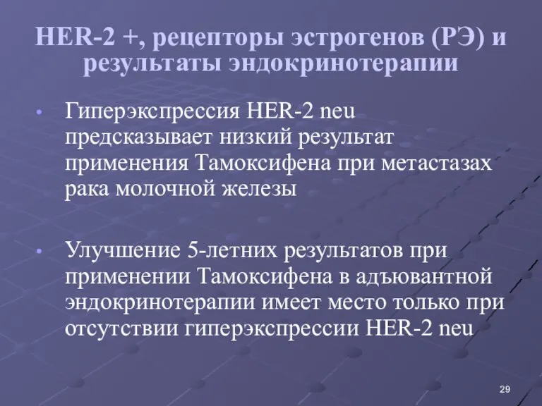 HER-2 +, рецепторы эстрогенов (РЭ) и результаты эндокринотерапии Гиперэкспрессия HER-2 neu предсказывает