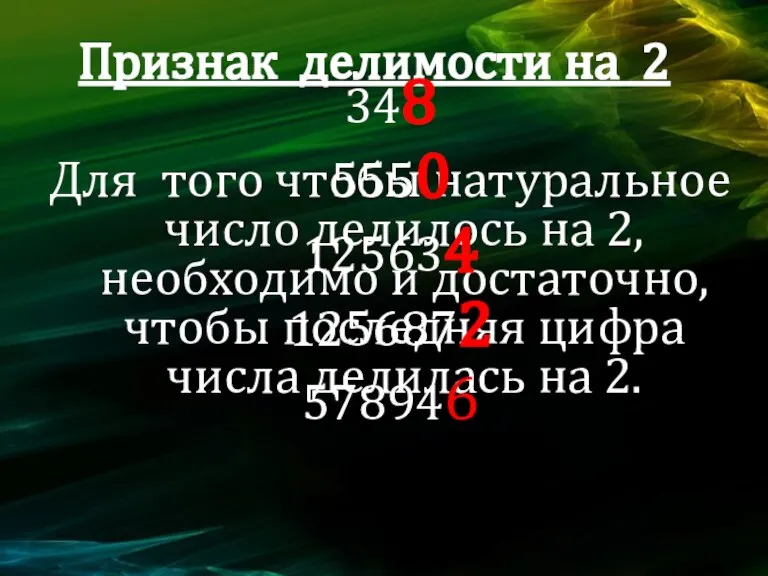 Признак делимости на 2 Для того чтобы натуральное число делилось на 2,