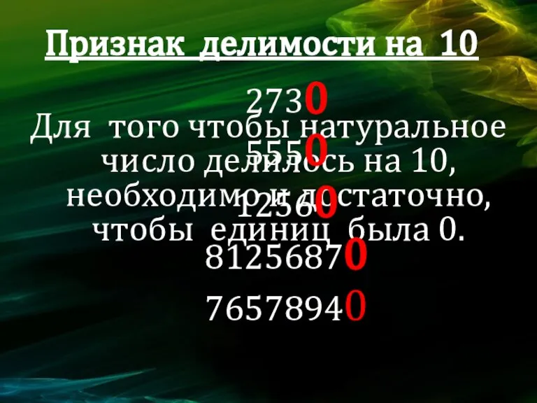 Признак делимости на 10 Для того чтобы натуральное число делилось на 10,