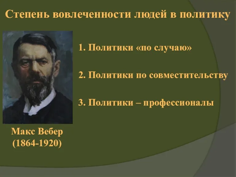 Макс Вебер (1864-1920) 1. Политики «по случаю» 2. Политики по совместительству 3.